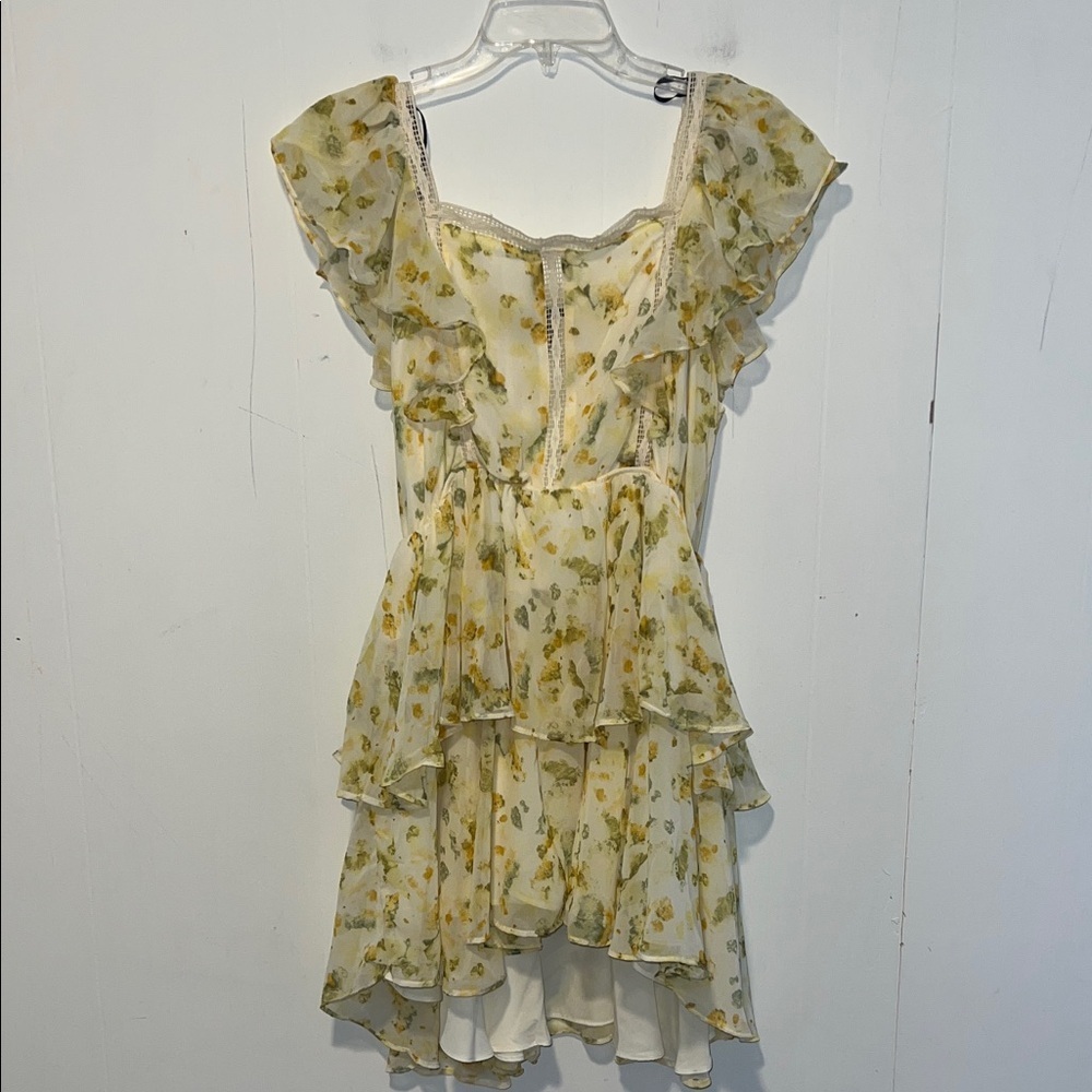 Forever 21 Floral Ruffle Tiered Yellow Cream Short Sleeve Mini Dress 0329269